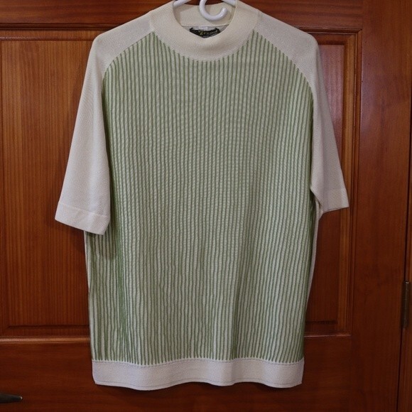 Trend Marshall Fields Vintage Cream & Green Striped Short Sleeve Shirt Top Blous - Picture 11 of 12